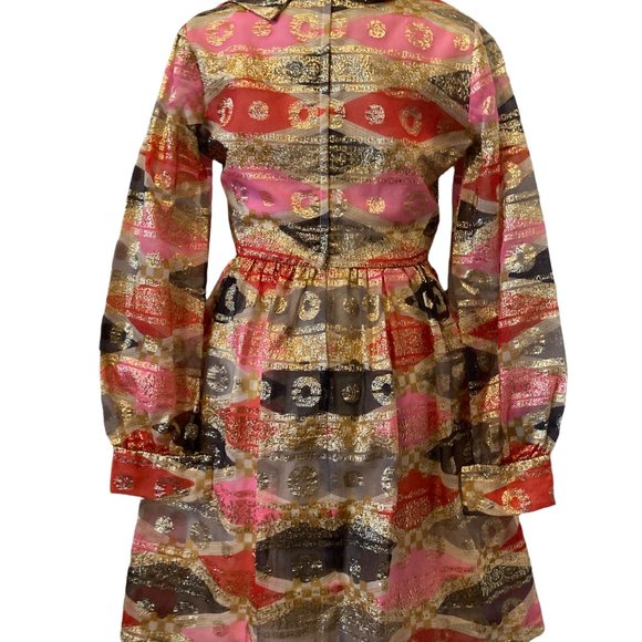 THE FIRECRACKER: 1960s Vintage Mod Knee-Length Chiffon Hostess Dress Gold Lamé - Picture 3 of 7